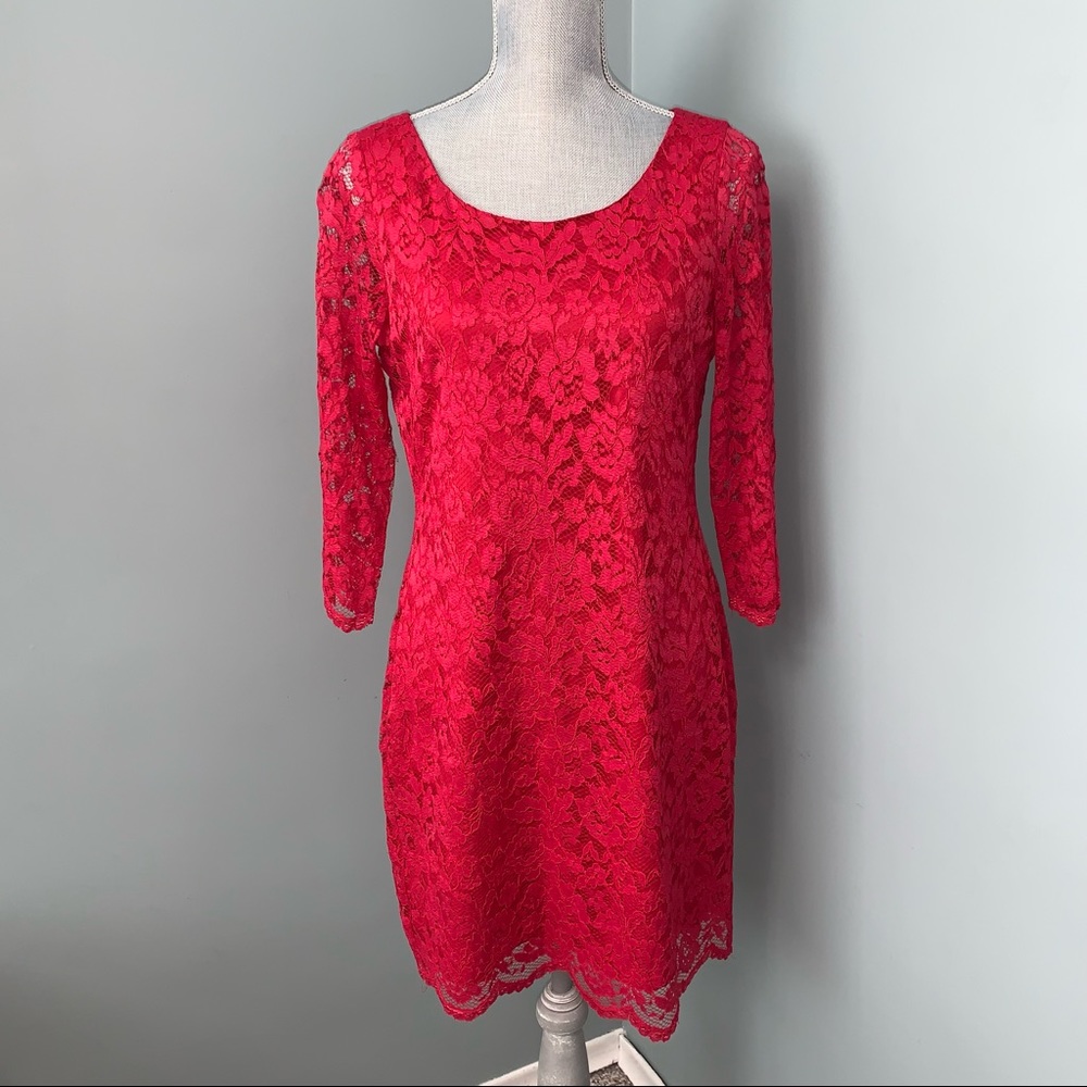NINE WEST size 6 Red Lace mini long sleeve cocktail Dress wedding guest
